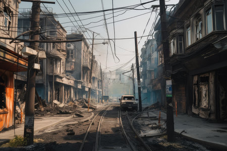 burned city street with traffic light hanging from wires, surrounded by charred buildings, created with generative aiの素材