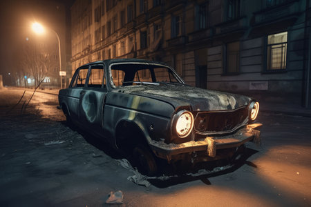 burned-out car with dimmed headlights in deserted city street, created with generative aiの素材