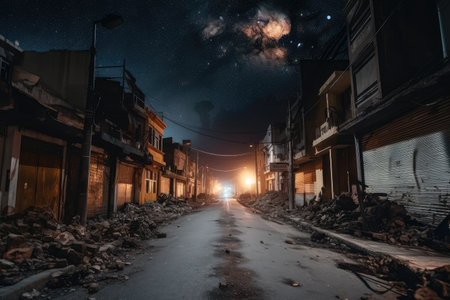burned city street at night, with view of the stars and moon in the sky, created with generative aiの素材