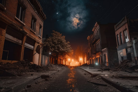burned city street at night, with view of the stars and moon in the sky, created with generative aiの素材