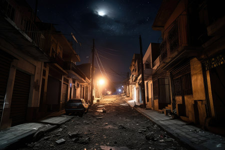 burned city street at night, with view of the stars and moon in the sky, created with generative aiの素材