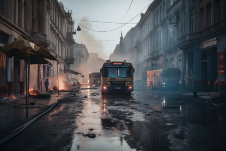 burned city street with fire trucks and ambulances responding to the emergency, created with generative aiの素材