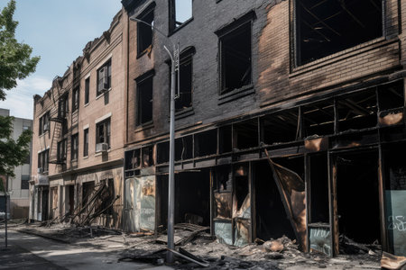 burned-out building with broken windows and debris on the street, created with generative aiの素材