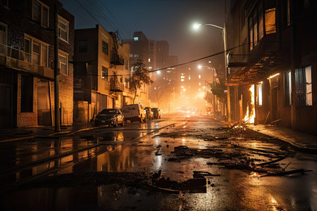 burned city street at night, with bright lights shining in the background, created with generative aiの素材