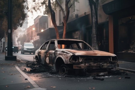 burned-out car on city street after massive firestorm, created with generative aiの素材