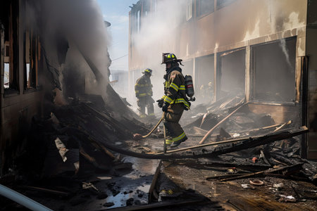 firefighters douse flames and search for any remaining fire hot spots in burned building, created with generative aiの素材