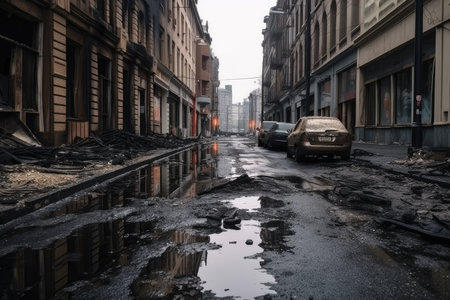 burned city street with broken windows, shattered glass and charred surfaces from the fire, created with generative aiの素材