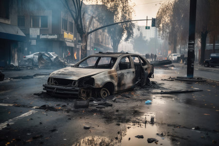 burned-out car in the middle of street surrounded by debris and smoke, created with generative aiの素材