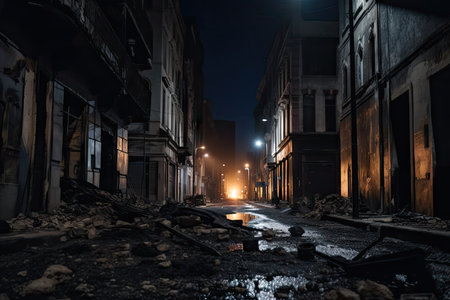 burned city street at night, with the moon shining down on the charred buildings and broken glass, created with generative aiの素材