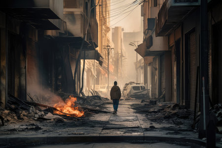 person, walking down deserted city street, after fire ravaged the area, created with generative aiの素材