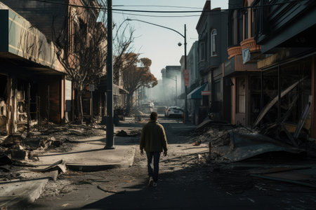 person, walking down deserted city street, after fire ravaged the area, created with generative aiの素材