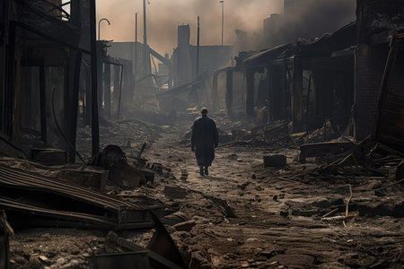 a lonely figure wanders through the charred remains of a city, searching for traces of life, created with generative aiの素材
