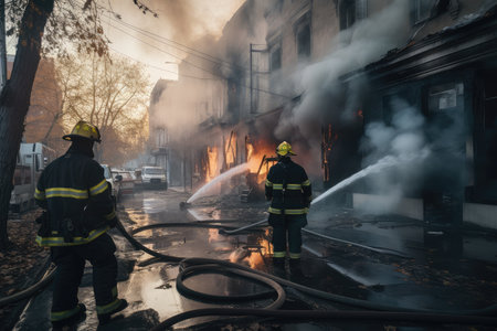 firefighters dousing flames and putting out fires in burned city street, created with generative aiの素材