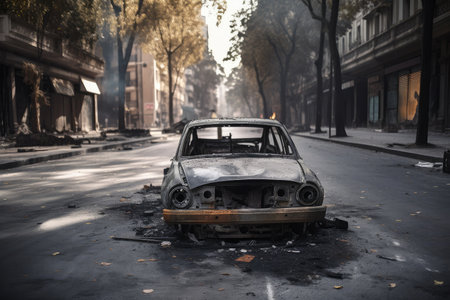 burned-out car in the middle of deserted street, created with generative aiの素材