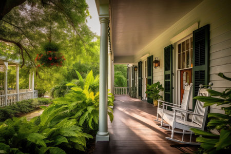 colonial house with open porch and rocking chairs, surrounded by lush greenery, created with generative aiの素材