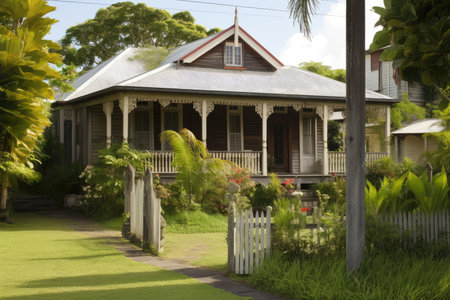 old colonial house, with weathered shingles and tall pillars, surrounded by tranquil garden, created with generative aiの素材