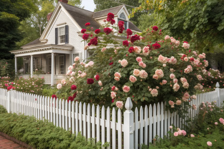 colonial house with white picket fence and blooming rose bushes, created with generative aiの素材