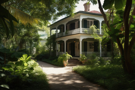 colonial house with covered porch and lanterns, surrounded by lush greenery, created with generative aiの素材