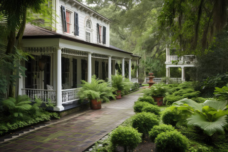 colonial house with covered porch and lanterns, surrounded by lush greenery, created with generative aiの素材