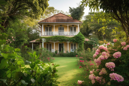 classic colonial house, surrounded by lush greenery and blooming flowers, created with generative aiの素材