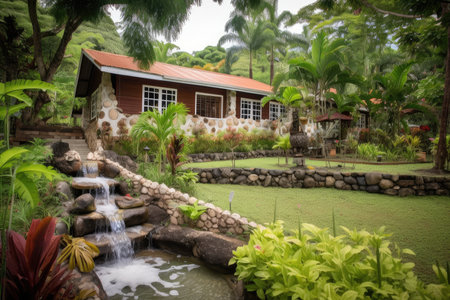 colonial house, with view of tranquil garden and stone waterfall, created with generative aiの素材