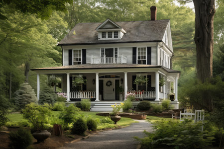 classic colonial house with wraparound porch, rocking chairs, and garden, created with generative aiの素材