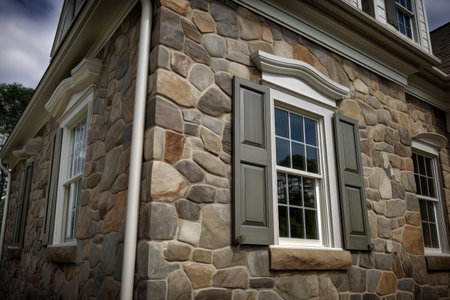 detailed stone work and unique window details on colonial house exterior, created with generative aiの素材