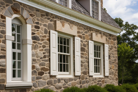 detailed stone work and unique window details on colonial house exterior, created with generative aiの素材