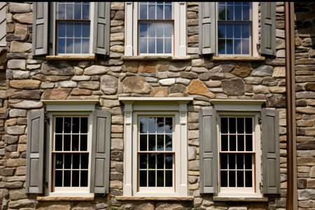 detailed stone work and unique window details on colonial house exterior, created with generative aiの素材