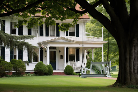 colonial house, with porch swing and rocking chair, overlooking manicured lawn, created with generative aiの素材