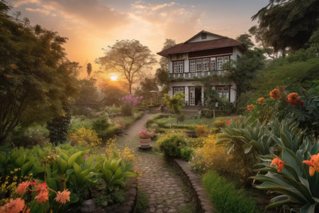 colonial house, with colorful gardens and greenery, against the backdrop of a picturesque sunset, created with generative aiの素材