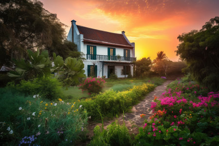 colonial house, with colorful gardens and greenery, against the backdrop of a picturesque sunset, created with generative aiの素材