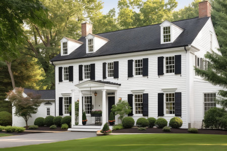 colonial house exterior with painted white trim and black shutters, created with generative aiの素材