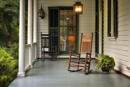 colonial house with front porch, rocking chair, and lantern, created with generative aiの素材