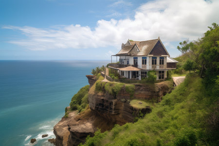 colonial house perched on the edge of a cliff, with views of the ocean in the background, created with generative aiの素材