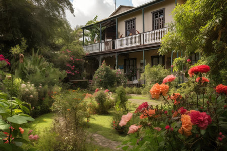 colonial house surrounded by lush garden, with vibrant blooms and greenery, created with generative aiの素材