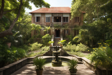 colonial house, with view of lush gardens and water features, against sunny sky, created with generative aiの素材