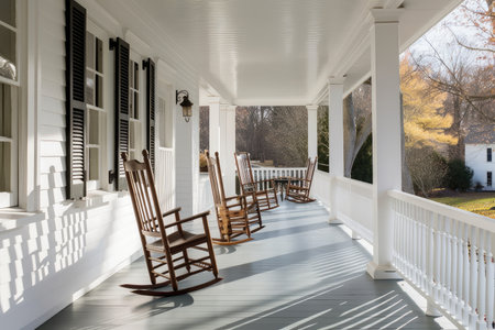 colonial house with wrap-around porch, lanterns, and rocking chairs, created with generative aiの素材