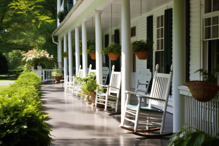 colonial house with wrap-around porch, lanterns and rocking chairs, created with generative aiの素材
