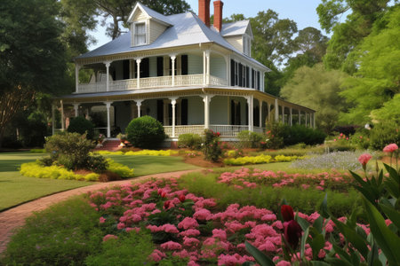 colonial house with wraparound porch and gardens in the foreground, created with generative aiの素材