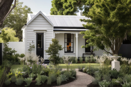 white colinial house with black shutters and metal roof in garden setting, created with generative aiの素材