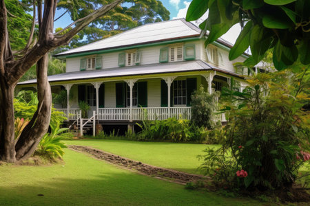 colonial house with wraparound porch and view of garden, created with generative aiの素材