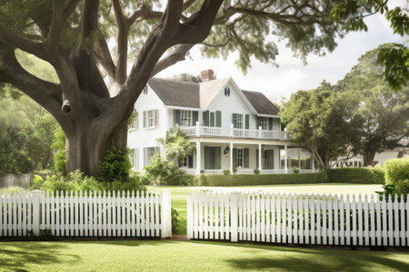 colonial house with white picket fence and lush green lawn, created with generative aiの素材