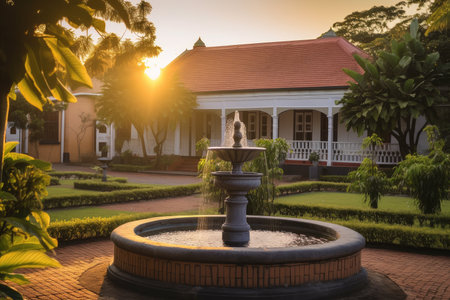 colonial house, with view of manicured garden and fountain, during sunset, created with generative aiの素材