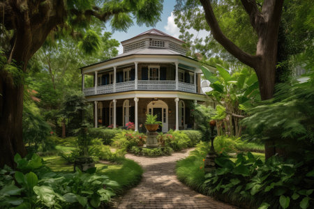 colonial house with wraparound porch, surrounded by lush greenery, created with generative aiの素材