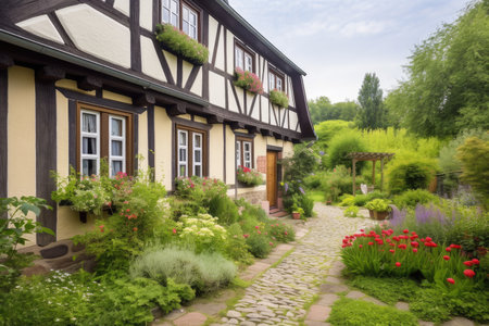 half-timbered house with flagstone walkway and blooming flowers, created with generative aiの素材