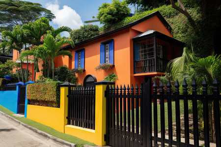 colonial house, with its exterior walls painted in vibrant colors and a black metal fence, created with generative aiの素材