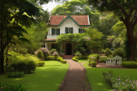 colonial house with veranda, overlooking lush green garden, created with generative aiの素材