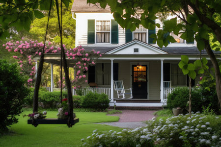 colonial house with porch swing and lantern, surrounded by blooming flowers, created with generative aiの素材