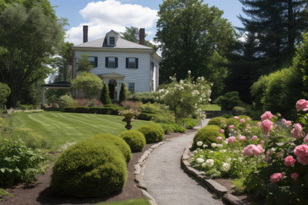 colonial house, with view of manicured lawn and rose garden, created with generative aiの素材